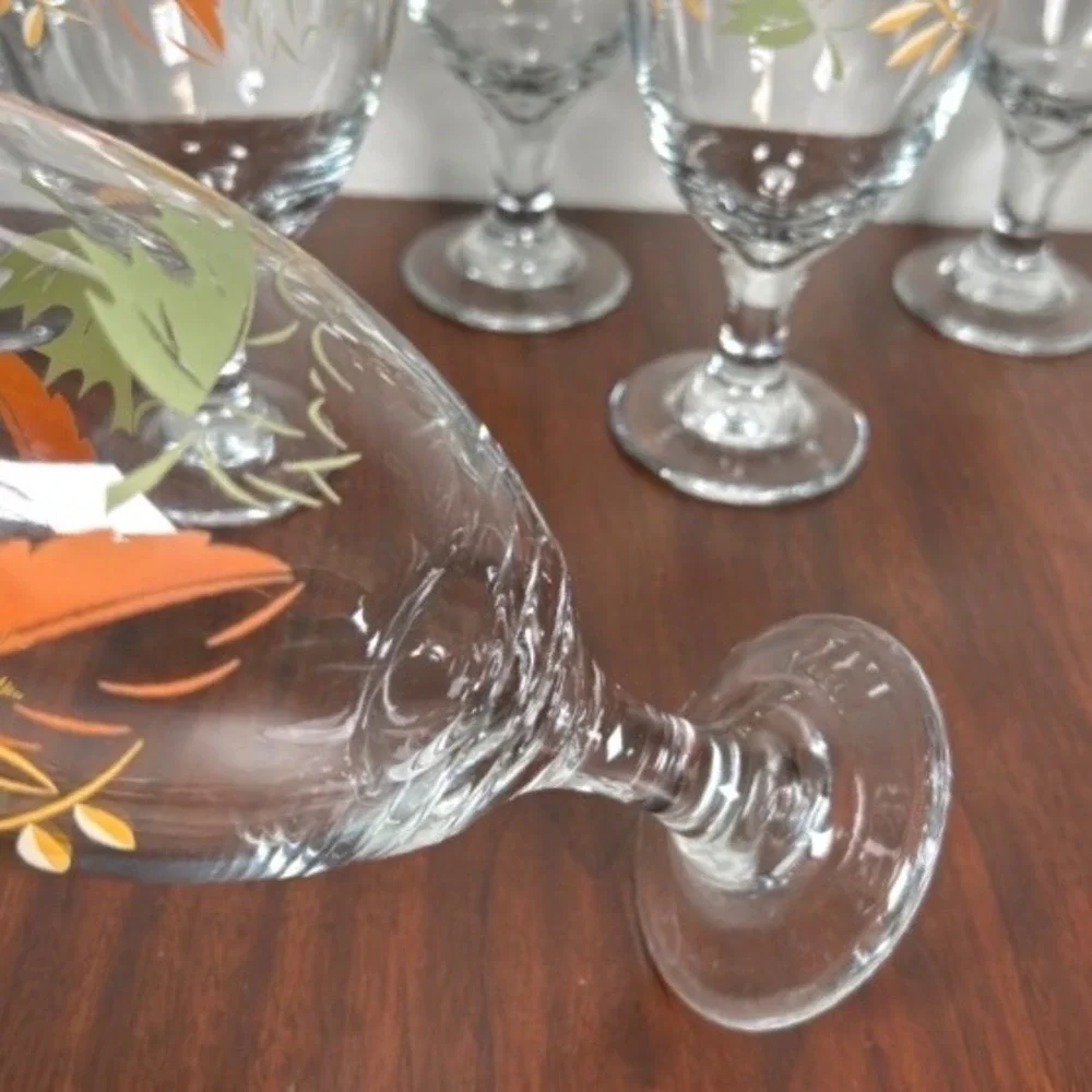 Libbey Autumn Leaf Stemmed Water Goblets Orange Green Fall SIX